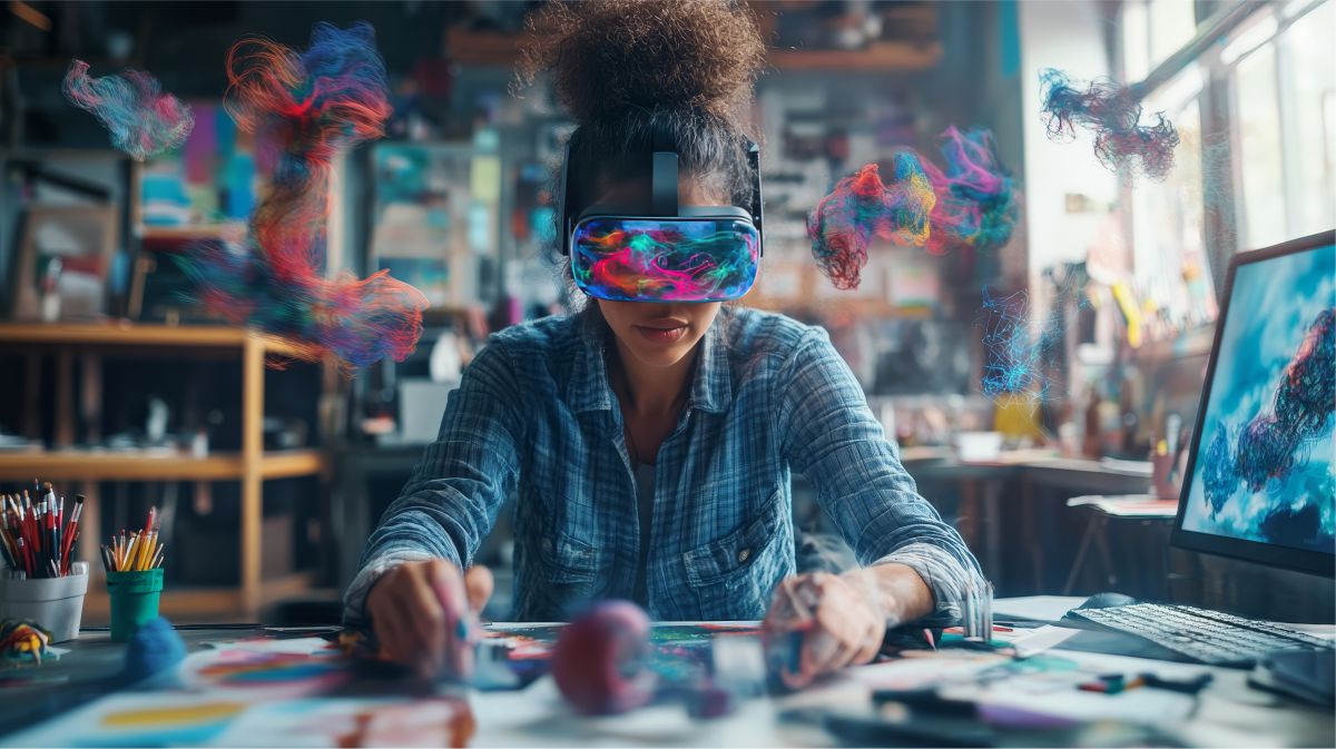 AI enhanced graphic design workspace showing a professional designer creating annual reports and company profiles in Pretoria and Johannesburg